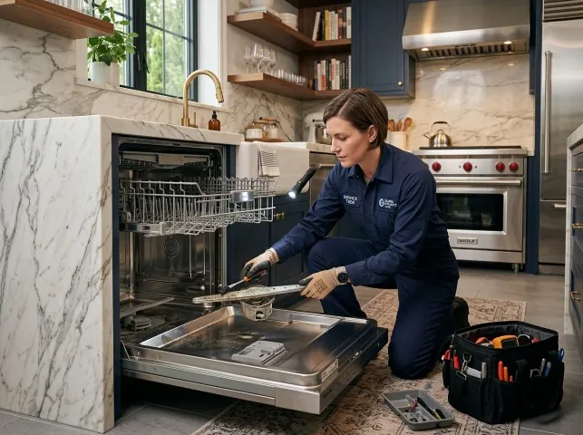 Appliance Repair Hero technician servicing a built-in dishwasher in a Brandywine, MD kitchen