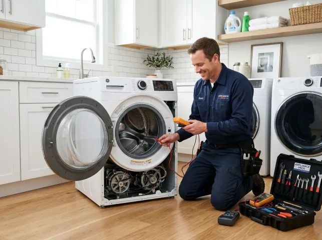 Appliance Repair Hero technician testing a front-load washer with a multimeter on a Brandywine, MD service call